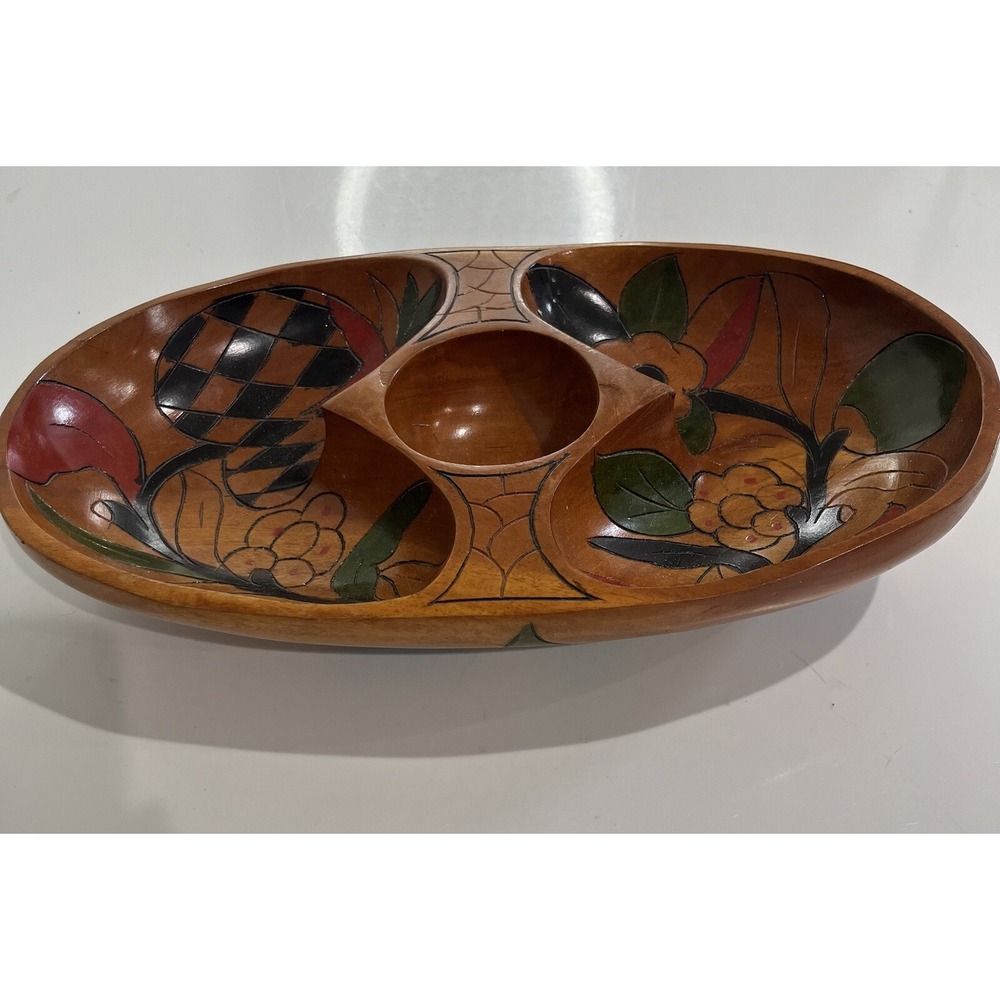 Vintage Wooden Hand Painted Carved Bowl Serve Nuts Cheese Floral 2 Sided Design - Picture 2 of 6